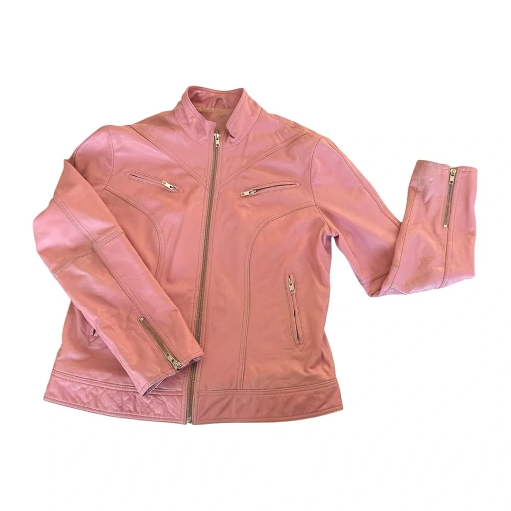 Y2K Wilson Genuine Leather Pink Moto Jacket - Picture 4 of 9